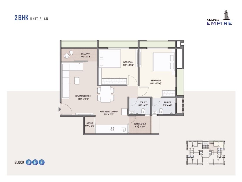 Floor plan of 2 BHK 1350 Sq. Ft. Apartment in Mansi Empire, Ahmedabad
