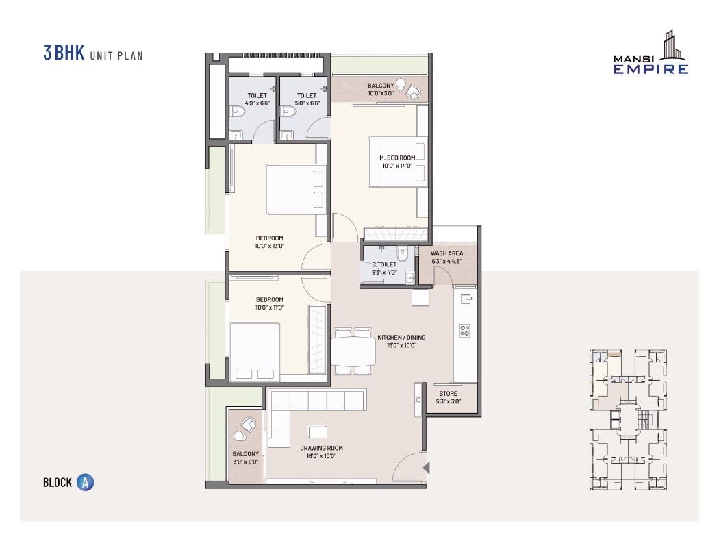 Floor plan of 3 BHK 1800 Sq. Ft. Apartment in Mansi Empire, Ahmedabad