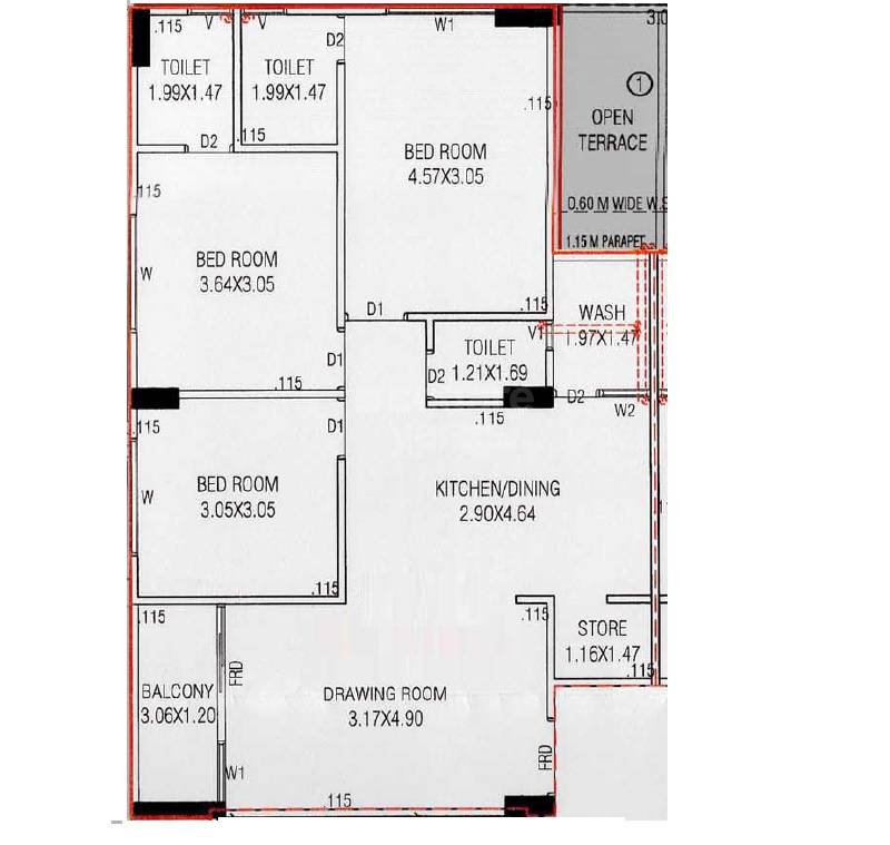 Floor plan of 3 BHK 850 Sq. Ft. Apartment in Map Celebration, Ahmedabad