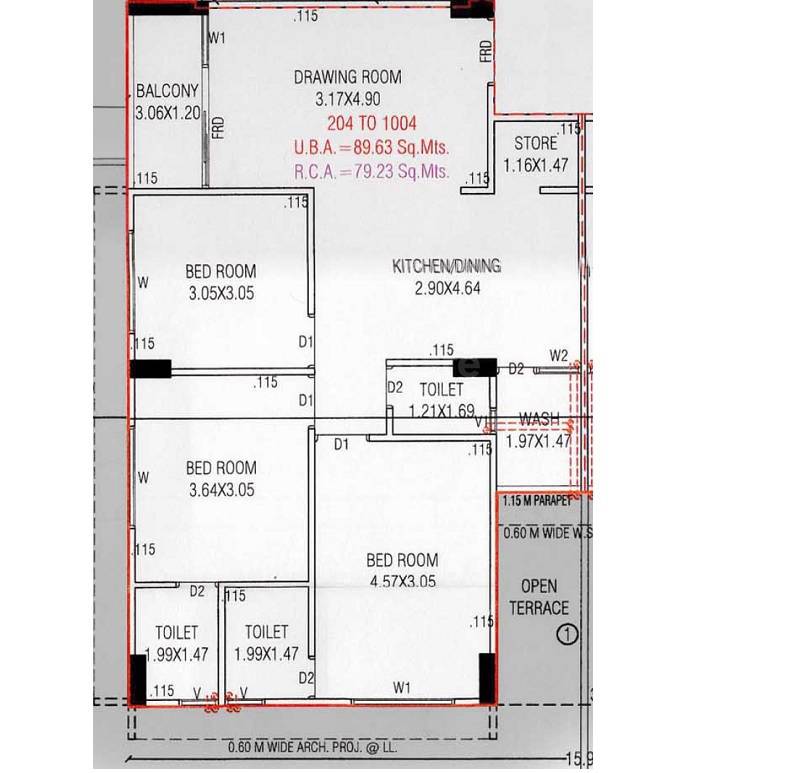 Floor plan of 3 BHK 853 Sq. Ft. Apartment in Map Celebration, Ahmedabad
