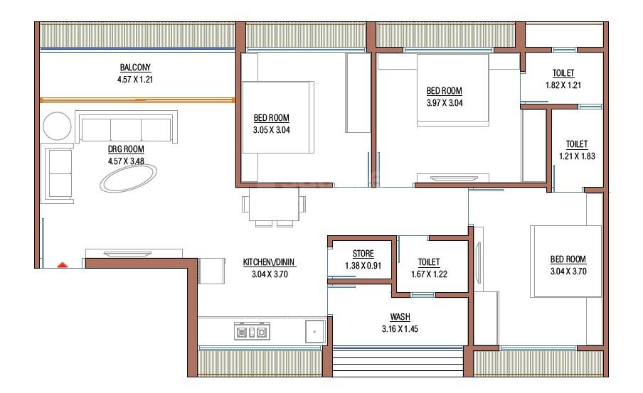 Floor plan of 3 BHK 760 Sq. Ft. Apartment in Maruti Crown Gold, Ahmedabad