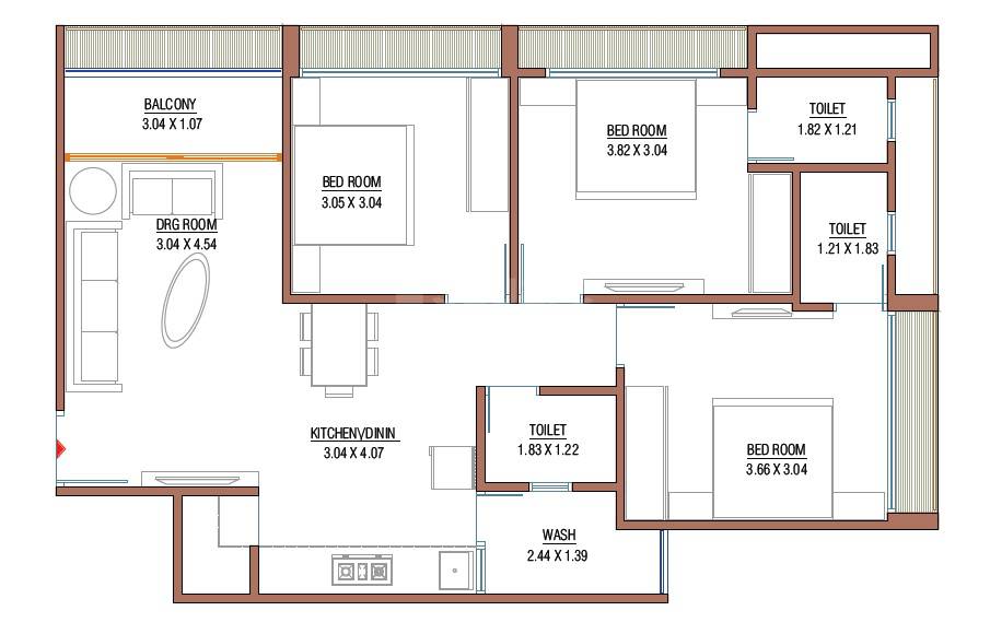 Floor plan of 3 BHK 819 Sq. Ft. Apartment in Maruti Crown Gold, Ahmedabad