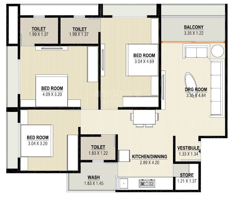 Floor plan of 3 BHK 884 Sq. Ft. Apartment in Maruti Vinayak Paradise, Ahmedabad