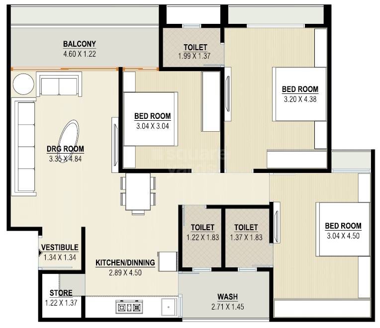 3 BHK 889 Sq. Ft. Apartment