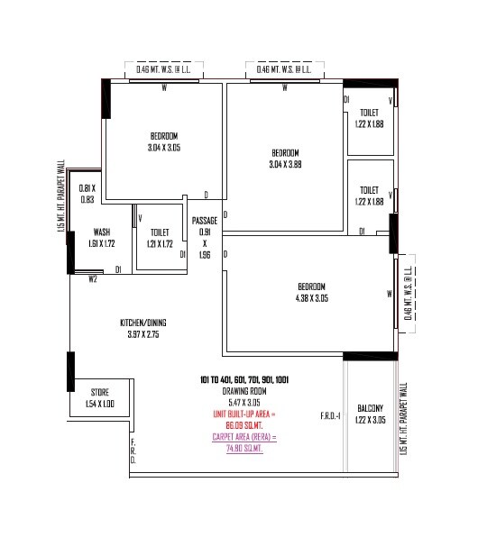 Floor plan of 3 BHK 801 Sq. Ft. Apartment in Marutinandan Vinayak Greens, Ahmedabad