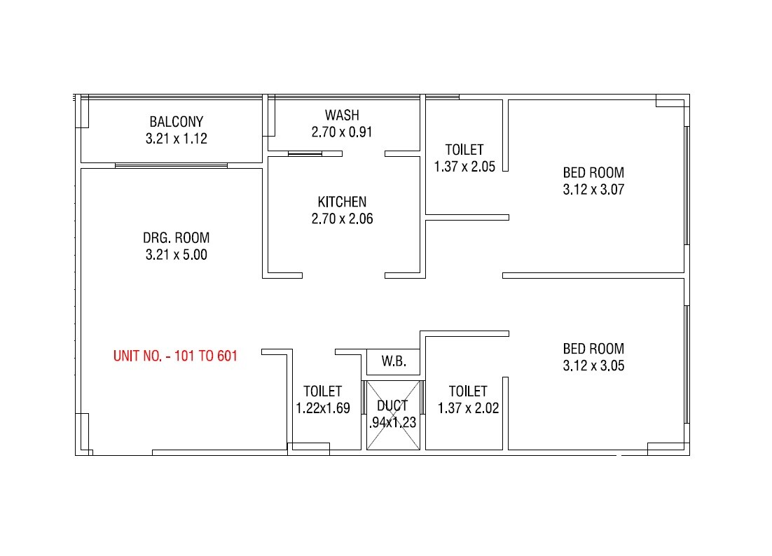 Floor plan of 2 BHK 666 Sq. Ft. Apartment in Meem Light Residency, Ahmedabad