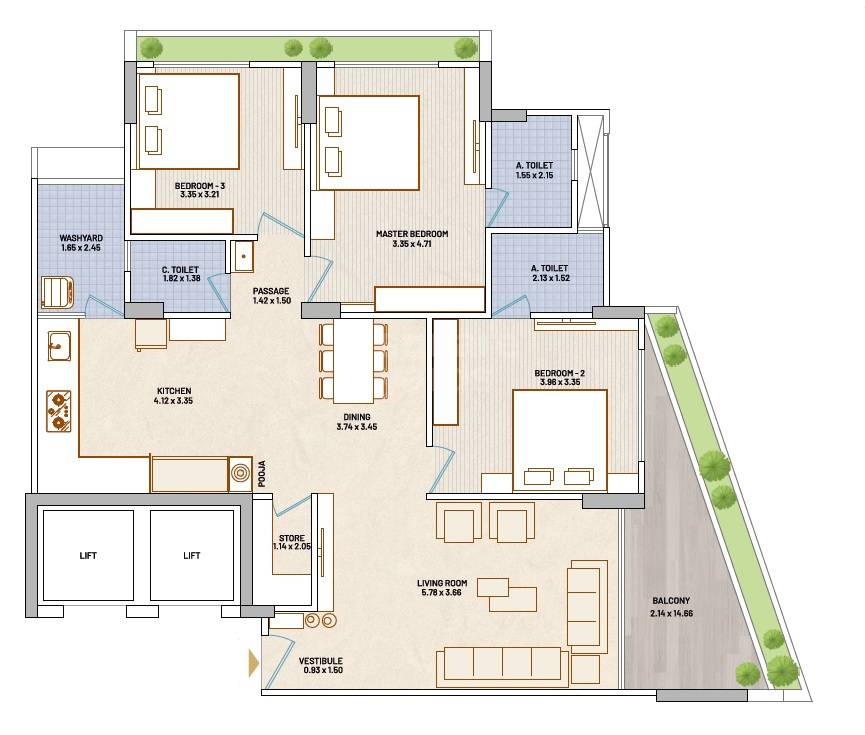 Floor plan of 3 BHK 1085 Sq. Ft. Apartment in Minolt Artham 97, Ahmedabad