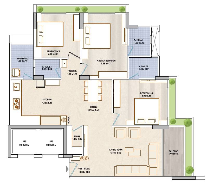 Floor plan of 3 BHK 1144 Sq. Ft. Apartment in Minolt Artham 97, Ahmedabad