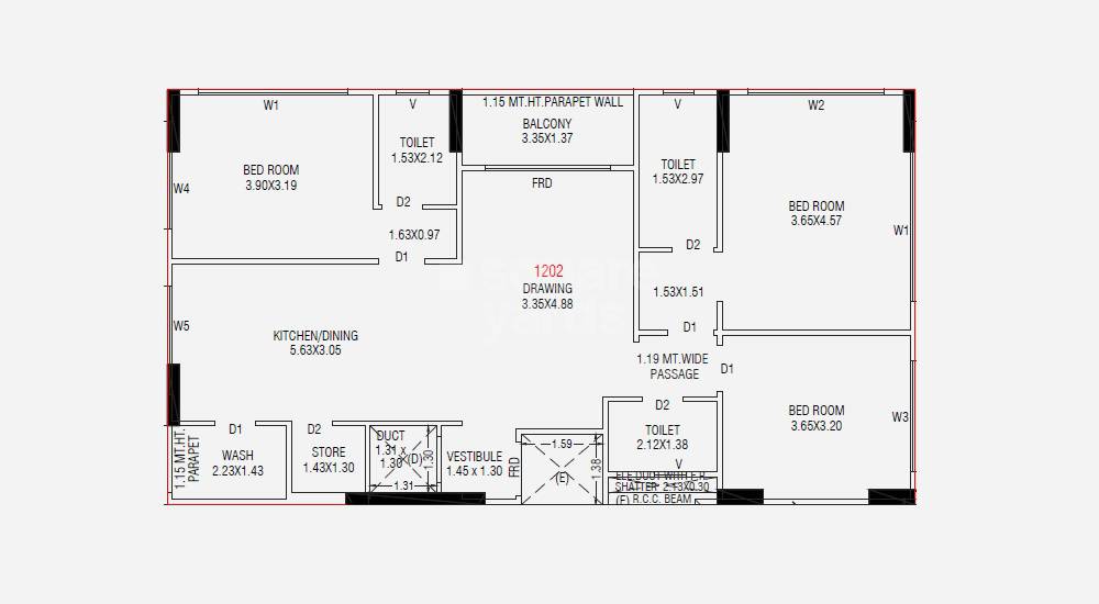 Floor plan of 3 BHK 1141 Sq. Ft. Apartment in Miraya Arjun Ananta, Ahmedabad