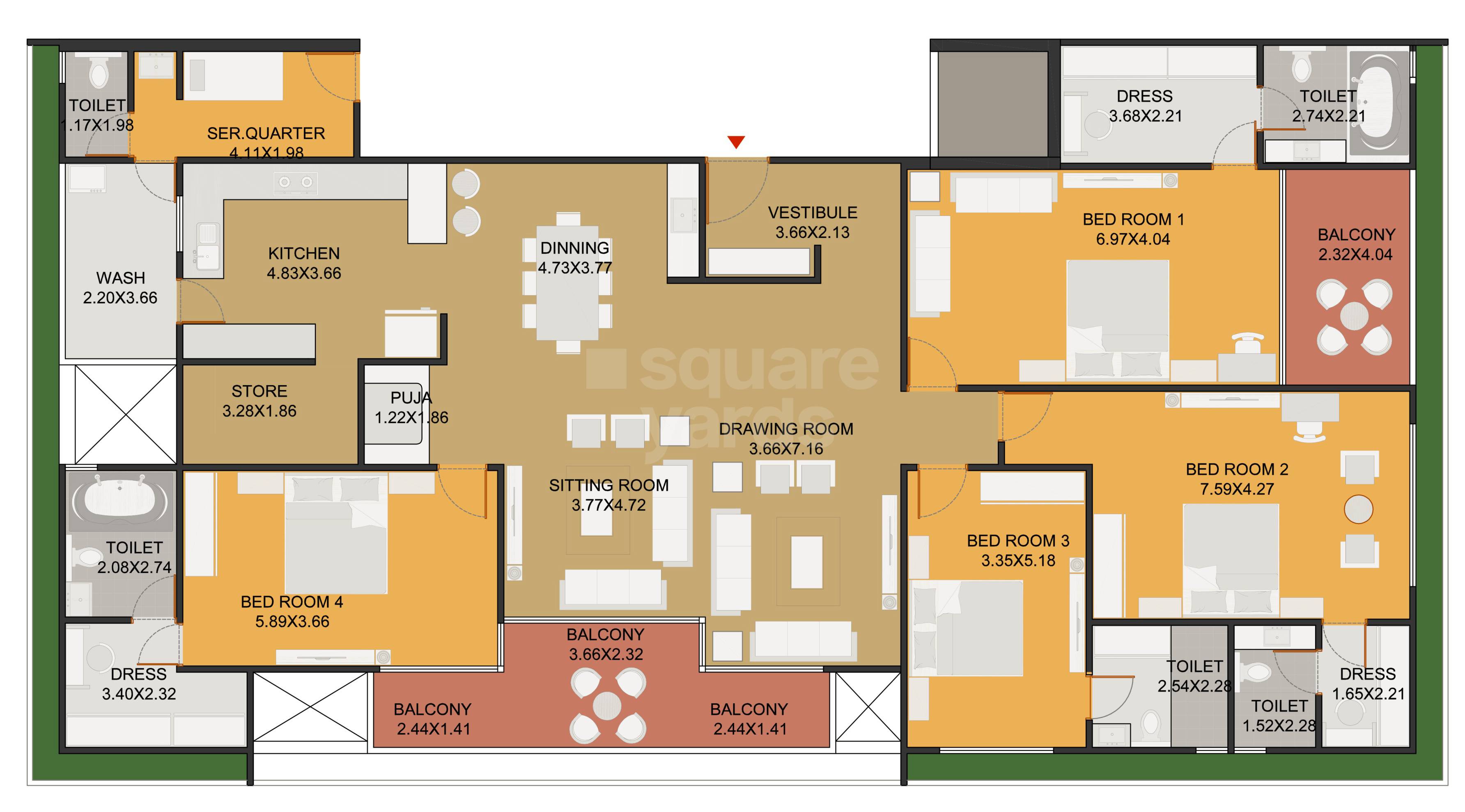 Floor plan of 4 BHK 2422 Sq. Ft. Apartment in MK The Palladia, Ahmedabad