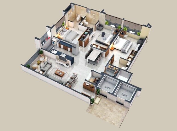 Floor plan of 3 BHK 2070 Sq. Ft. Apartment in Moksha Saheli Sannidhya, Ahmedabad