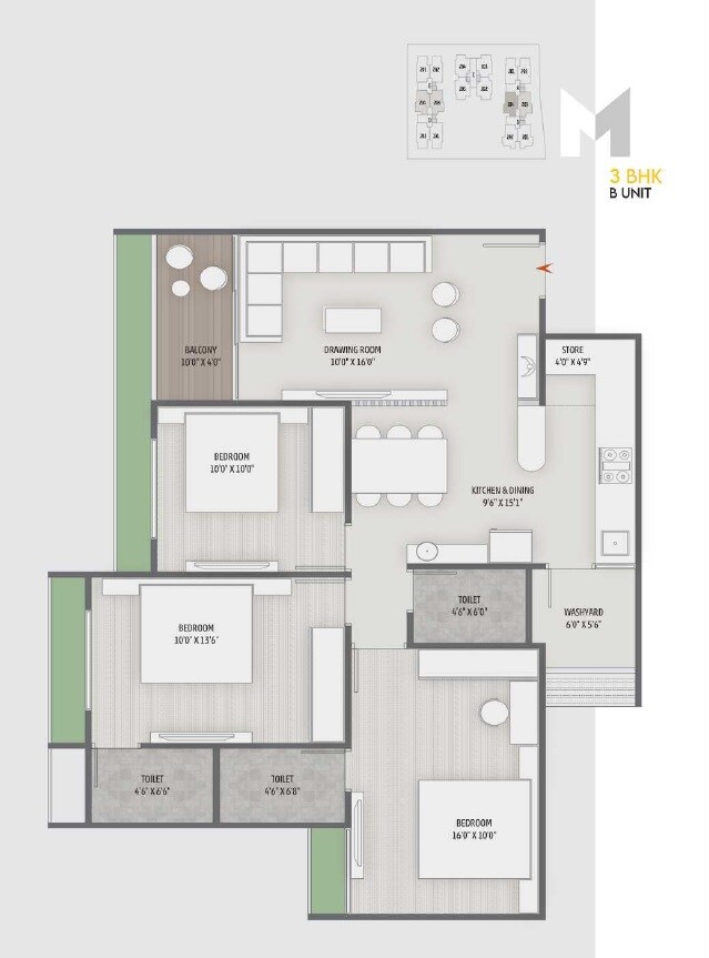 Floor plan of 3 BHK 1755 Sq. Ft. Apartment in Mount Milano, Ahmedabad