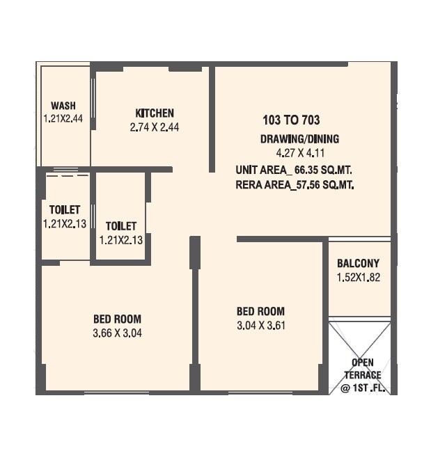 Floor plan of 2 BHK 619 Sq. Ft. Apartment in Namrata Almas Residency, Ahmedabad