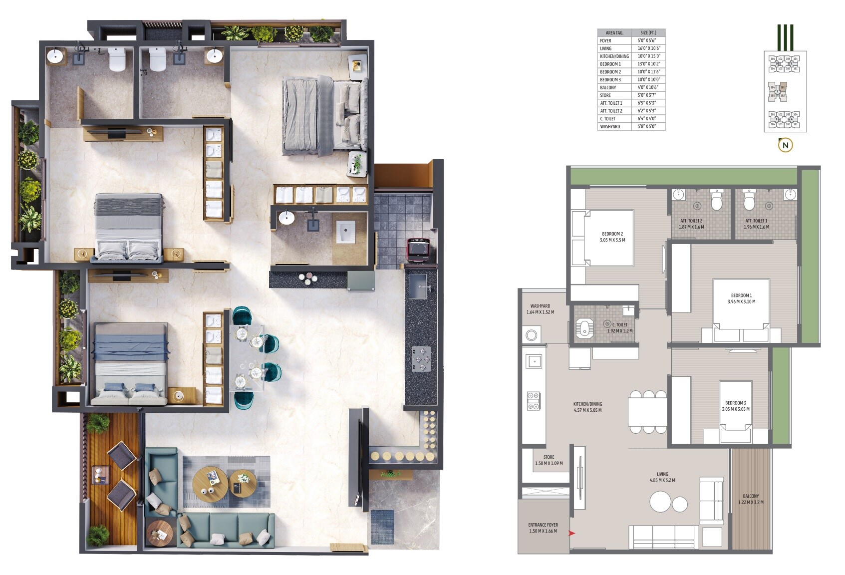 Floor plan of 3 BHK 696 Sq. Ft. Apartment in Nand Radhe Greens, Ahmedabad