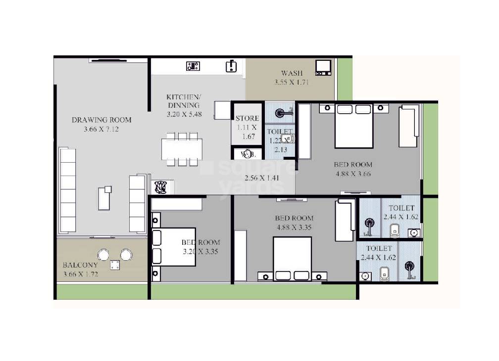 Floor plan of 3 BHK 1174 Sq. Ft. Apartment in Narnarayan Sahajanand Heaven, Ahmedabad