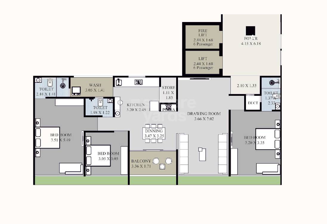 Floor plan of 3 BHK 1537 Sq. Ft. Apartment in Narnarayan Sahajanand Heaven, Ahmedabad