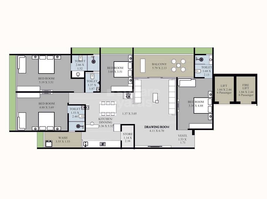 Floor plan of 4 BHK 2462 Sq. Ft. Apartment in Narnarayan Sahajanand Heaven, Ahmedabad