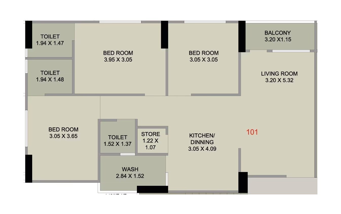 Floor plan of 3 BHK 833 Sq. Ft. Apartment in Navkar Upasana Residency, Ahmedabad