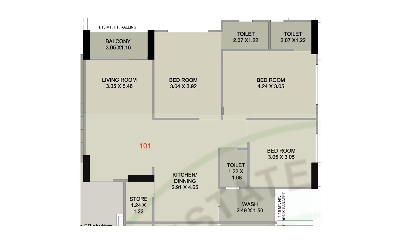 Floor plan of 3 BHK 846 Sq. Ft. Apartment in Navkar Upasana Residency, Ahmedabad