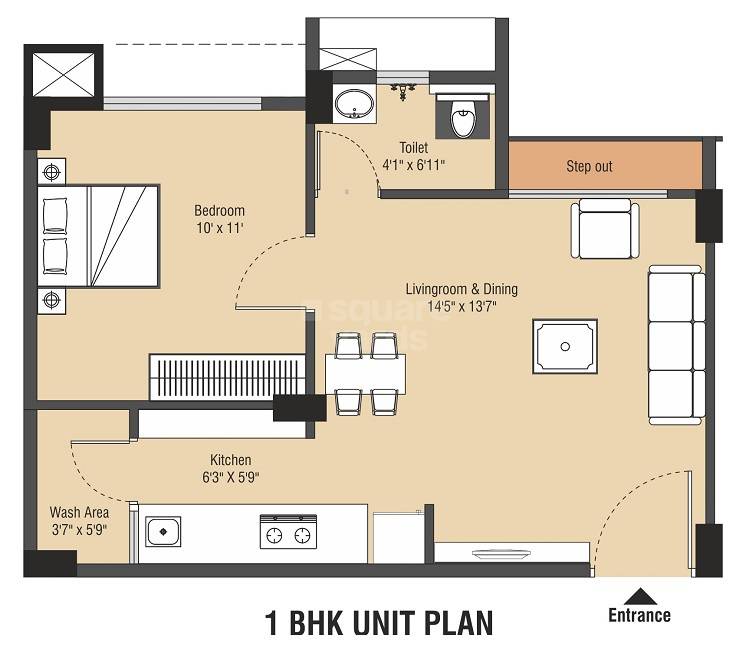 Floor plan of 1 BHK 397 Sq. Ft. Apartment in Nebula Aavas Sanand, Ahmedabad