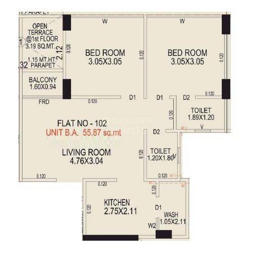 Floor plan of 2 BHK 520 Sq. Ft. Apartment in Neelkanth Shree Hari Heaven, Ahmedabad