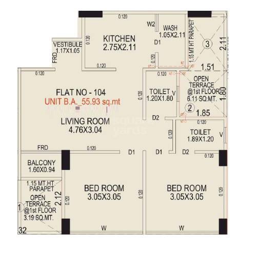 Floor plan of 2 BHK 541 Sq. Ft. Apartment in Neelkanth Shree Hari Heaven, Ahmedabad