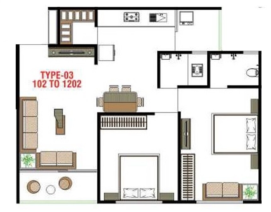 Floor plan of 2 BHK 638 Sq. Ft. Apartment in Royal Rivasa, Ahmedabad