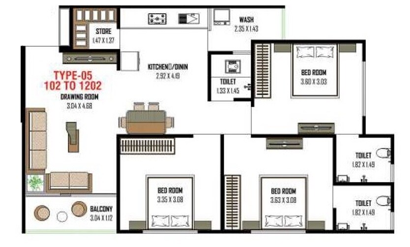 Floor plan of 3 BHK 799 Sq. Ft. Apartment in Royal Rivasa, Ahmedabad