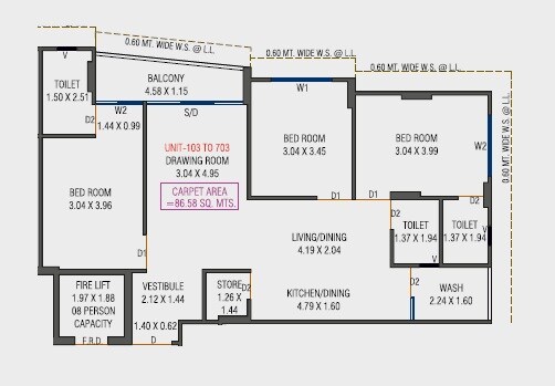 Floor plan of 3 BHK 964 Sq. Ft. Apartment in Nityam Gloria, Ahmedabad