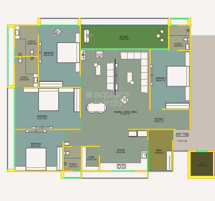 Floor plan of 4 BHK 2091 Sq. Ft. Apartment in Om Kalhar Wing, Ahmedabad