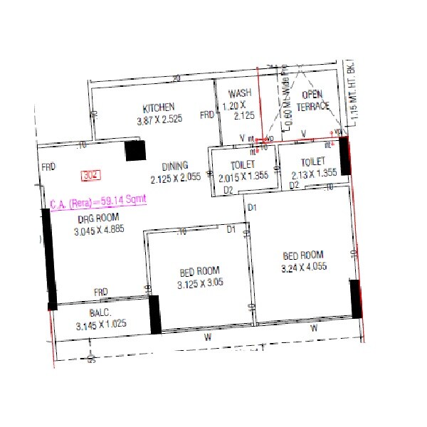 Floor plan of 2 BHK 636 Sq. Ft. Apartment in The Green Parmeshwar, Ahmedabad