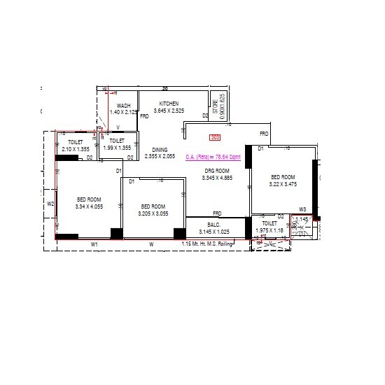 Floor plan of 3 BHK 846 Sq. Ft. Apartment in The Green Parmeshwar, Ahmedabad