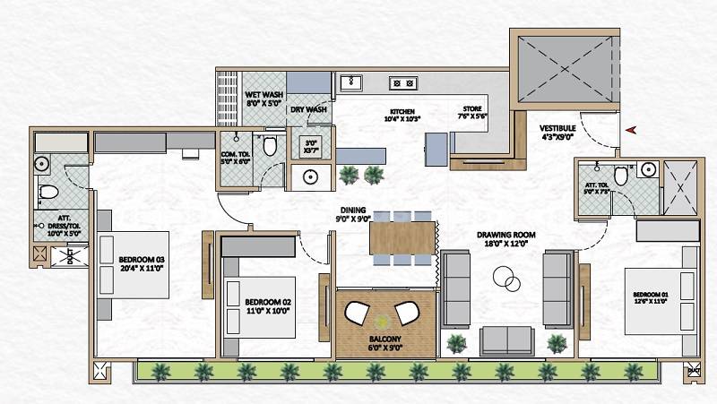 Floor plan of 3 BHK 2259 Sq. Ft. Apartment in Omkar Rivanta Aurovile, Ahmedabad