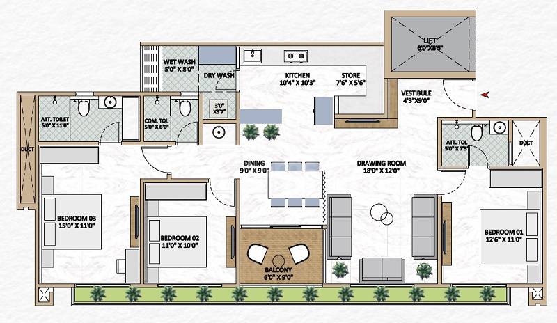 Floor plan of 3 BHK 2484 Sq. Ft. Apartment in Omkar Rivanta Aurovile, Ahmedabad