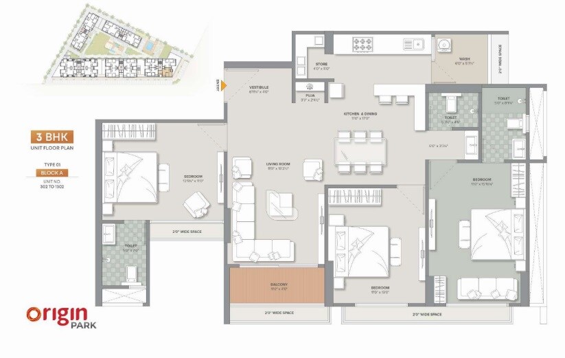 Floor plan of 3 BHK 2349 Sq. Ft. Apartment in Origin Park, Ahmedabad
