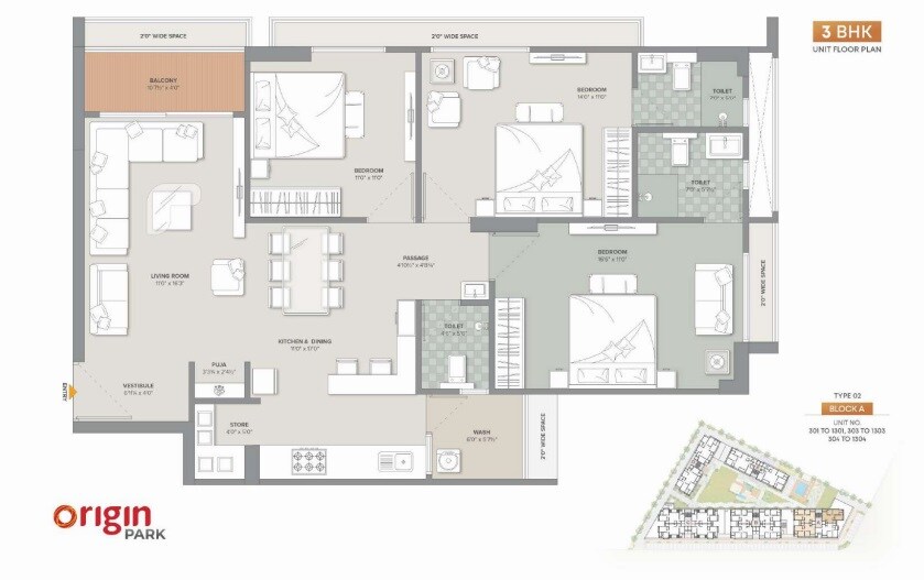 Floor plan of 3 BHK 2835 Sq. Ft. Apartment in Origin Park, Ahmedabad