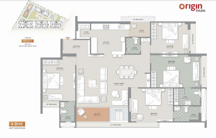 Floor plan of 4 BHK 3843 Sq. Ft. Apartment in Origin Park, Ahmedabad