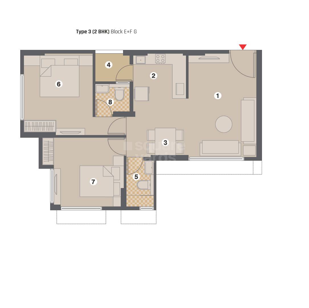 Floor plan of 2 BHK 1047 Sq. Ft. Apartment in Pacifica Amara, Ahmedabad