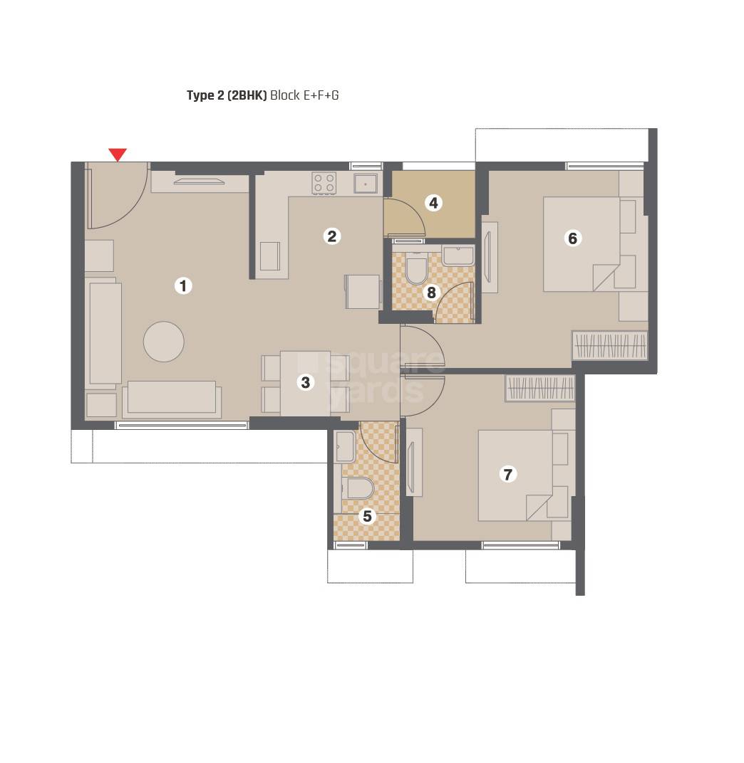 Floor plan of 2 BHK 1070 Sq. Ft. Apartment in Pacifica Amara, Ahmedabad