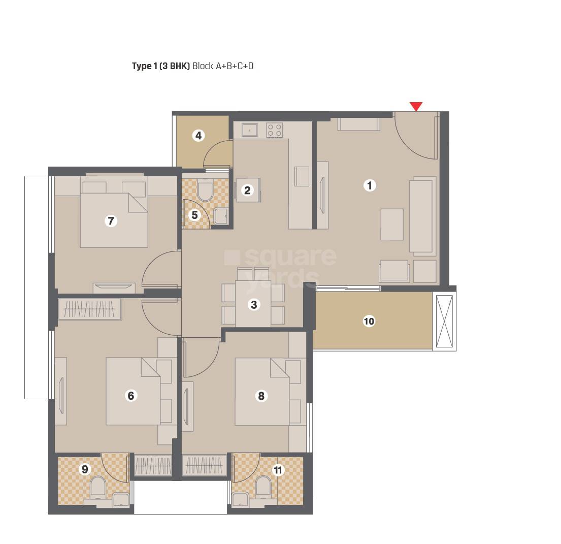 Floor plan of 3 BHK 1407 Sq. Ft. Apartment in Pacifica Amara, Ahmedabad