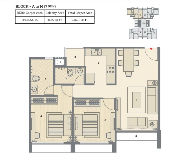 Floor plan of 2 BHK 642 Sq. Ft. Apartment in Pacifica North Enclave, Ahmedabad