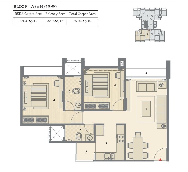 Floor plan of 2 BHK 653 Sq. Ft. Apartment in Pacifica North Enclave, Ahmedabad