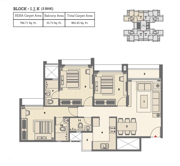 Floor plan of 3 BHK 803 Sq. Ft. Apartment in Pacifica North Enclave, Ahmedabad