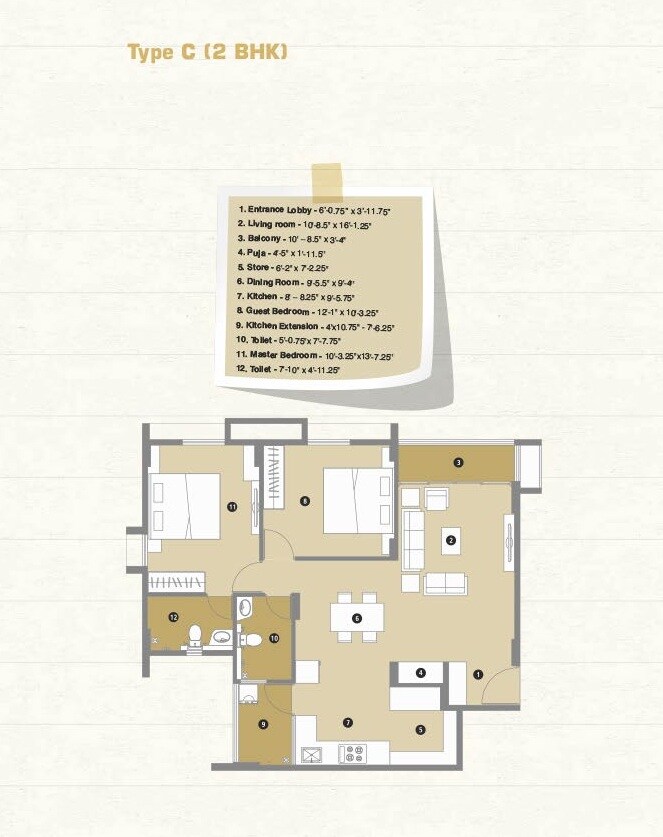 Floor plan of 2 BHK 814 Sq. Ft. Apartment in Pacifica Reflections, Ahmedabad