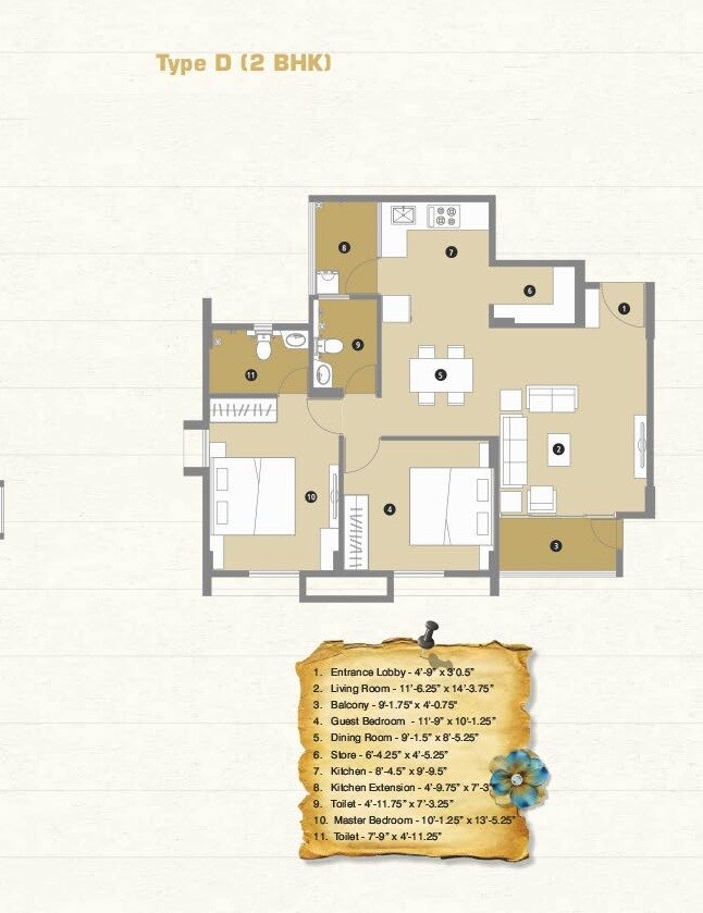 Floor plan of 2 BHK 878 Sq. Ft. Apartment in Pacifica Reflections, Ahmedabad