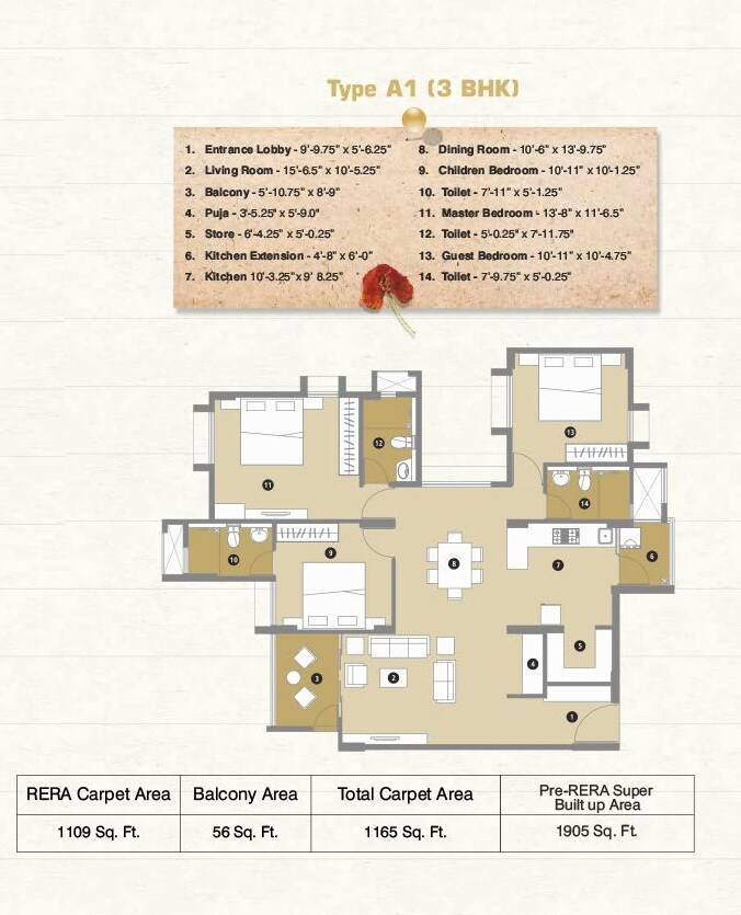 Floor plan of 3 BHK 1165 Sq. Ft. Apartment in Pacifica Reflections, Ahmedabad