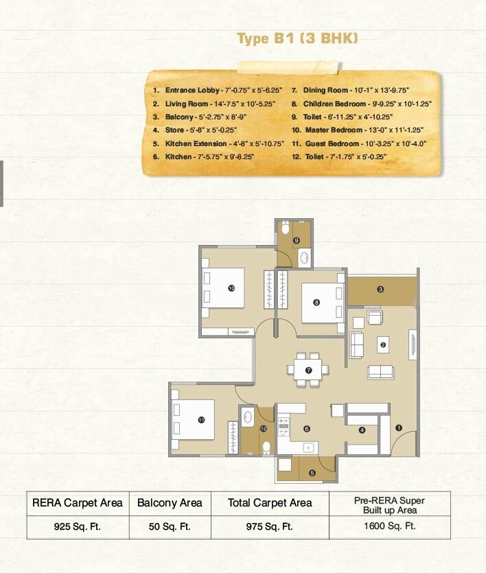 Floor plan of 3 BHK 975 Sq. Ft. Apartment in Pacifica Reflections, Ahmedabad