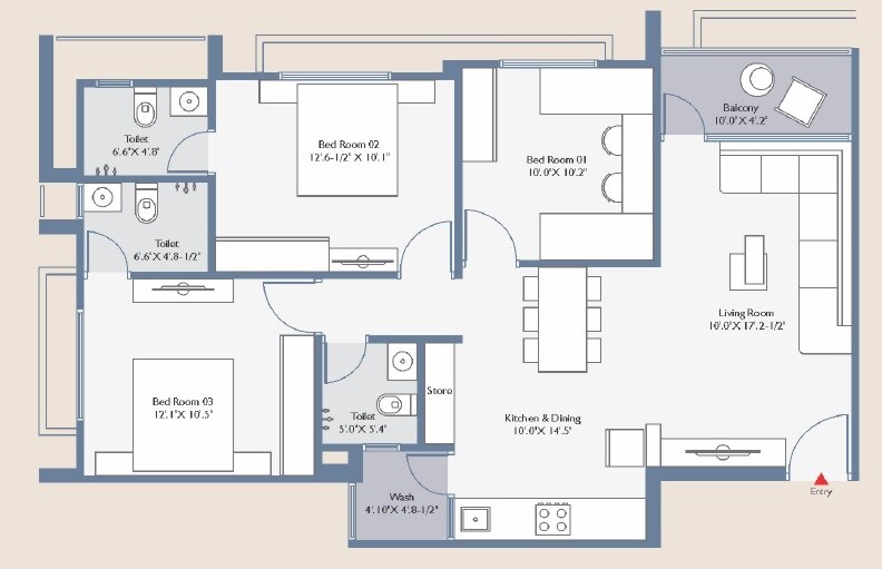 Floor plan of 3 BHK 839 Sq. Ft. Apartment in Panchshil Punit Appartment, Ahmedabad