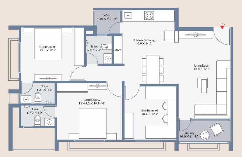 Floor plan of 3 BHK 954 Sq. Ft. Apartment in Panchshil Punit Appartment, Ahmedabad