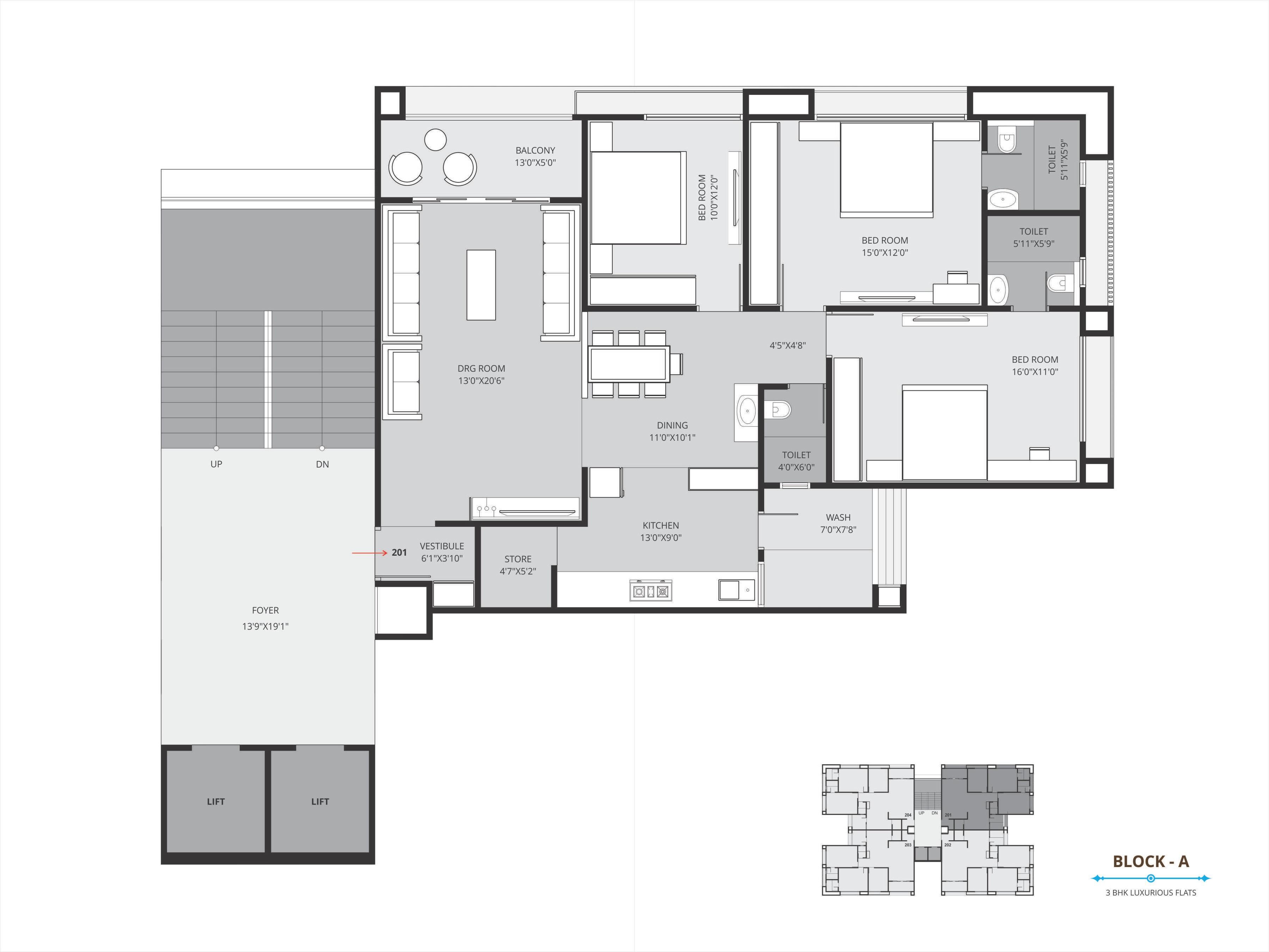 Floor plan of 3 BHK 1336 Sq. Ft. Apartment in Param Pushkar Laxmi Sky, Ahmedabad